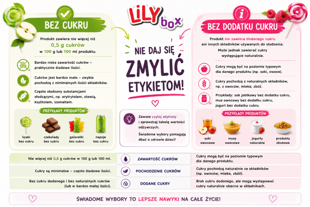 Infografika przedstawiająca różnicę między oznaczeniami „bez cukru” i „bez dodatku cukru”.